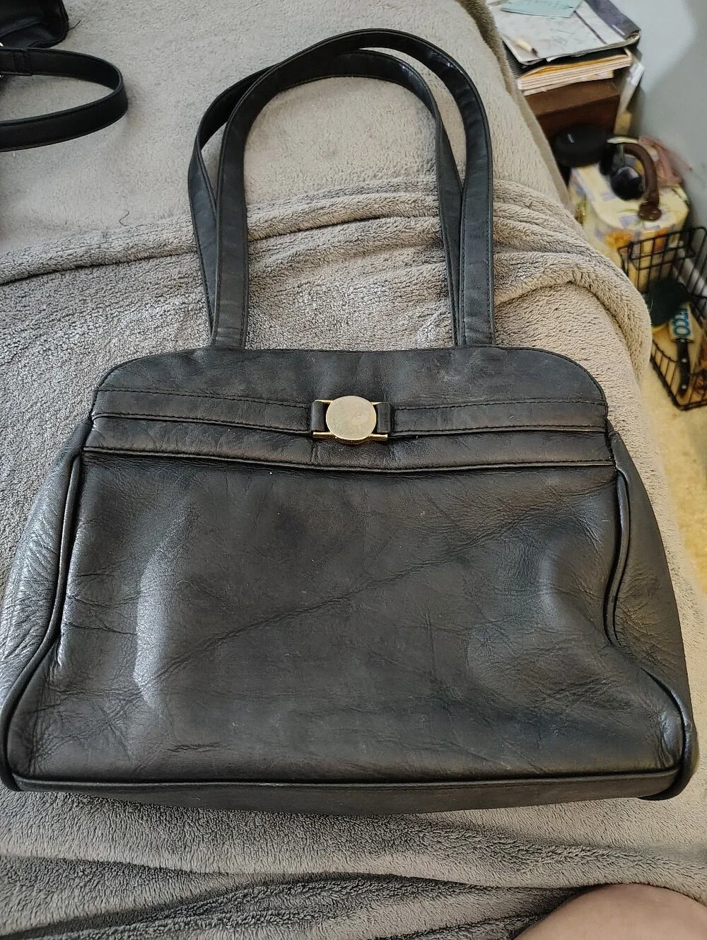 Laura Scott Classic Black Leather Tote Bag with Gold Accent -